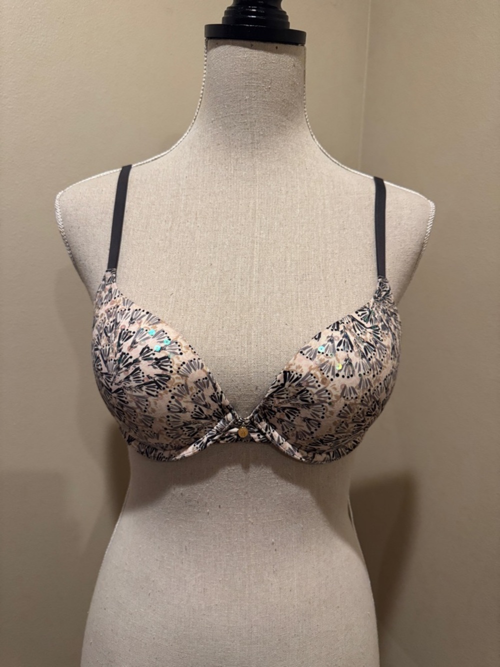 Victoria's Secret Beige Floral Push-Up Bra with Black Straps
